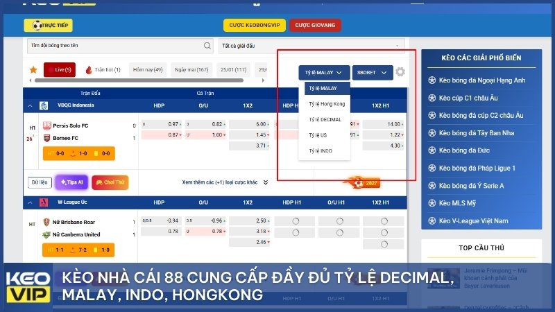 Kèo nhà cái 88 cung cấp đầy đủ tỷ lệ Decimal, Malay, Indo, Hongkong.